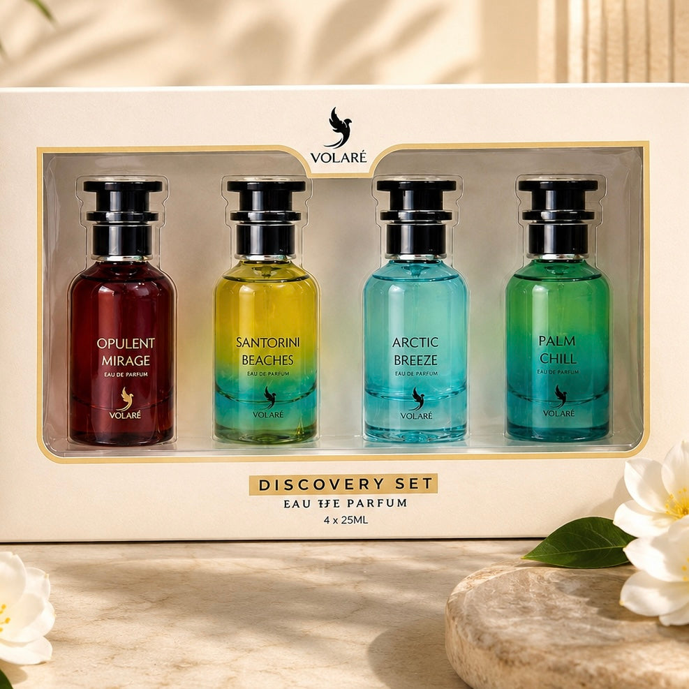 Volare Discovery Set 4×25ml | Santorini Beaches + Arctic Breeze + Opulent Mirage + Palm Chill