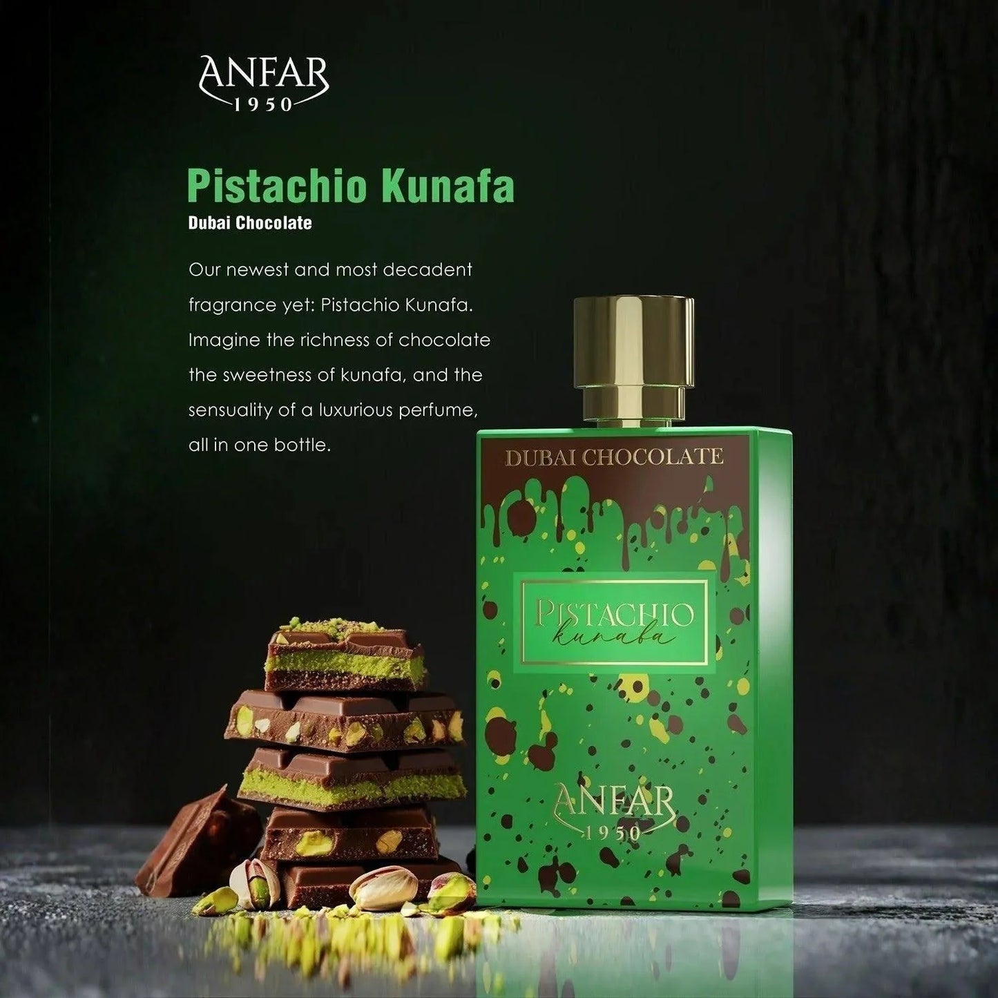 Anfar 1950 Dubai Chocolate Pistachio Kunafa 80ml EDP | Viral Gourmand Unisex Fragrance | Kayali Pistachio-Inspired Arabian Perfume | Buy Australia