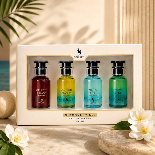 Volare Discovery Set 4×25ml | Santorini Beaches + Arctic Breeze + Opulent Mirage + Palm Chill