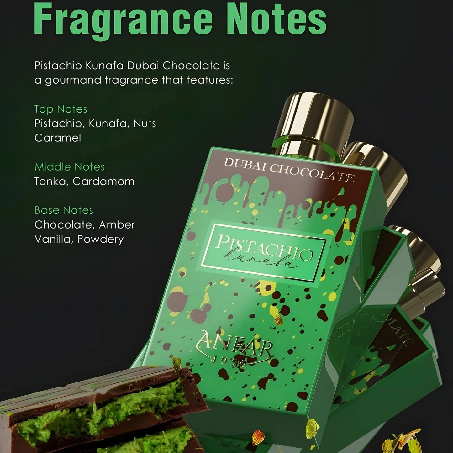 Anfar 1950 Dubai Chocolate Pistachio Kunafa 80ml EDP | Viral Gourmand Unisex Fragrance | Kayali Pistachio-Inspired Arabian Perfume | Buy Australia