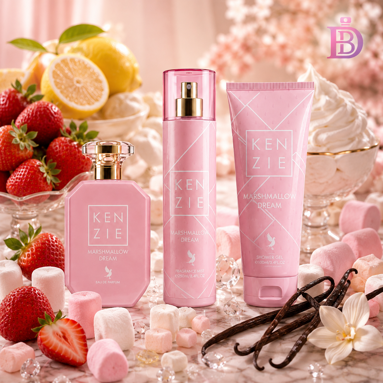 Kenzie Marshmallow Dream Gift Set | 3 in 1 | 100ml Eau de Parfum, a 250ml Fragrance Mist, and a 240ml Shower Gel