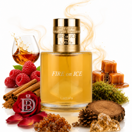 Fire On Ice EDP 110ml by Lattafa | Cognac Raspberry Cinnamon Caramel Rose Oak Ambroxan Unisex Perfume